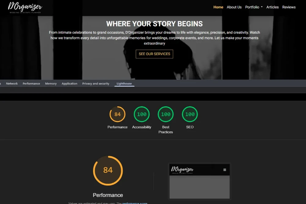 hasil pengujian optimasi website D'Organizer