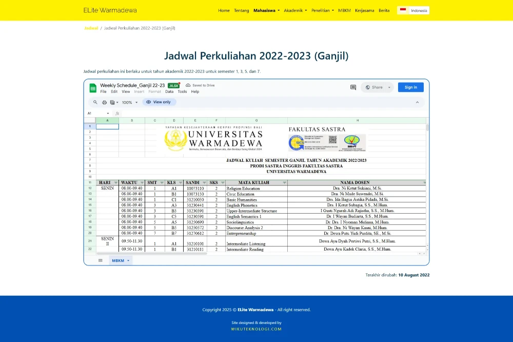 Halaman Jadwal Perkuliahan Sastra Univ. Warmadewa